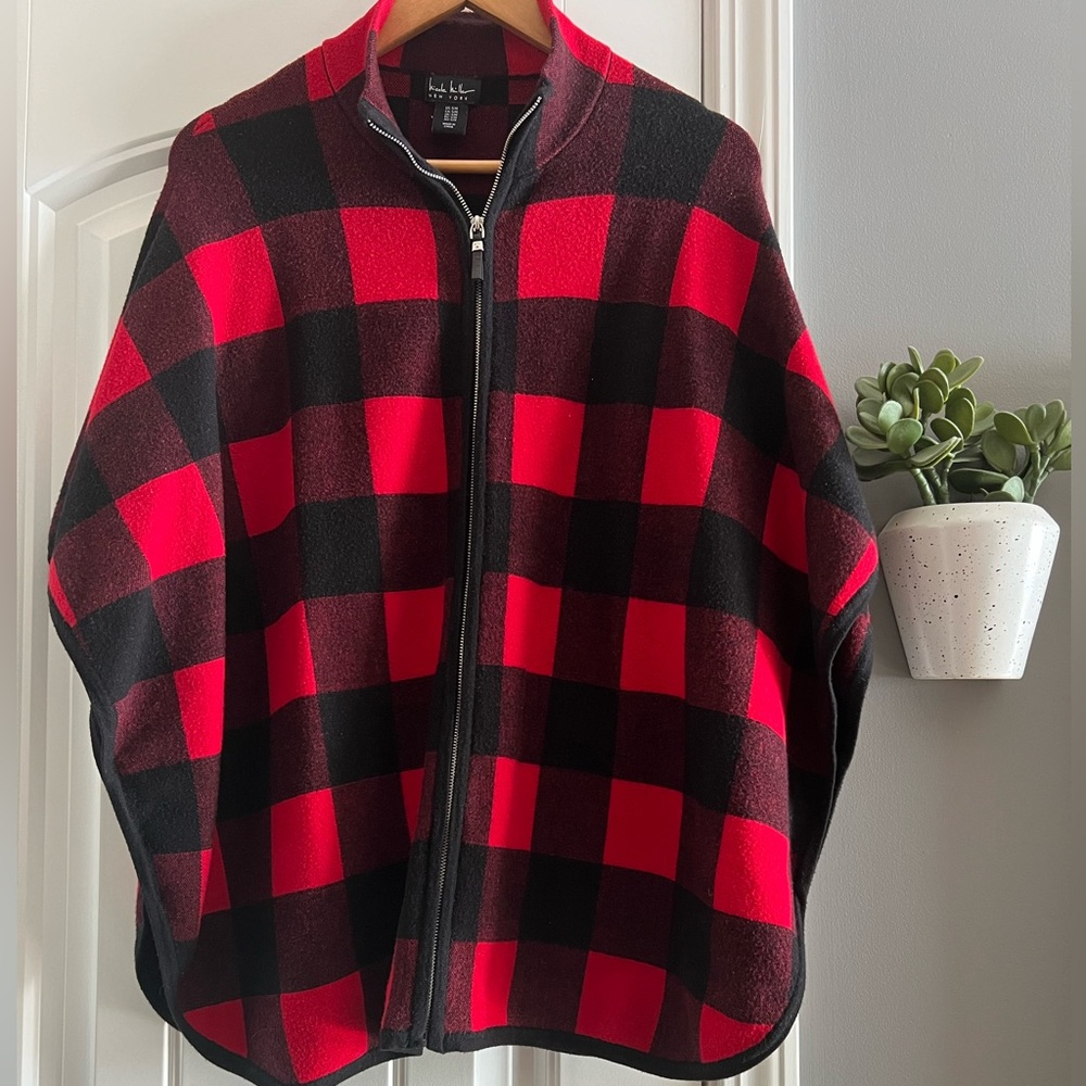 Red/black buffalo check poncho sweater